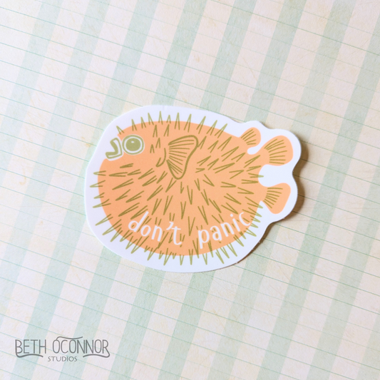 Don’t Panic Pufferfish Vinyl Sticker – Weatherproof Cute Ocean-Inspired 3" Decal for Water Bottles, Laptops, and Journals