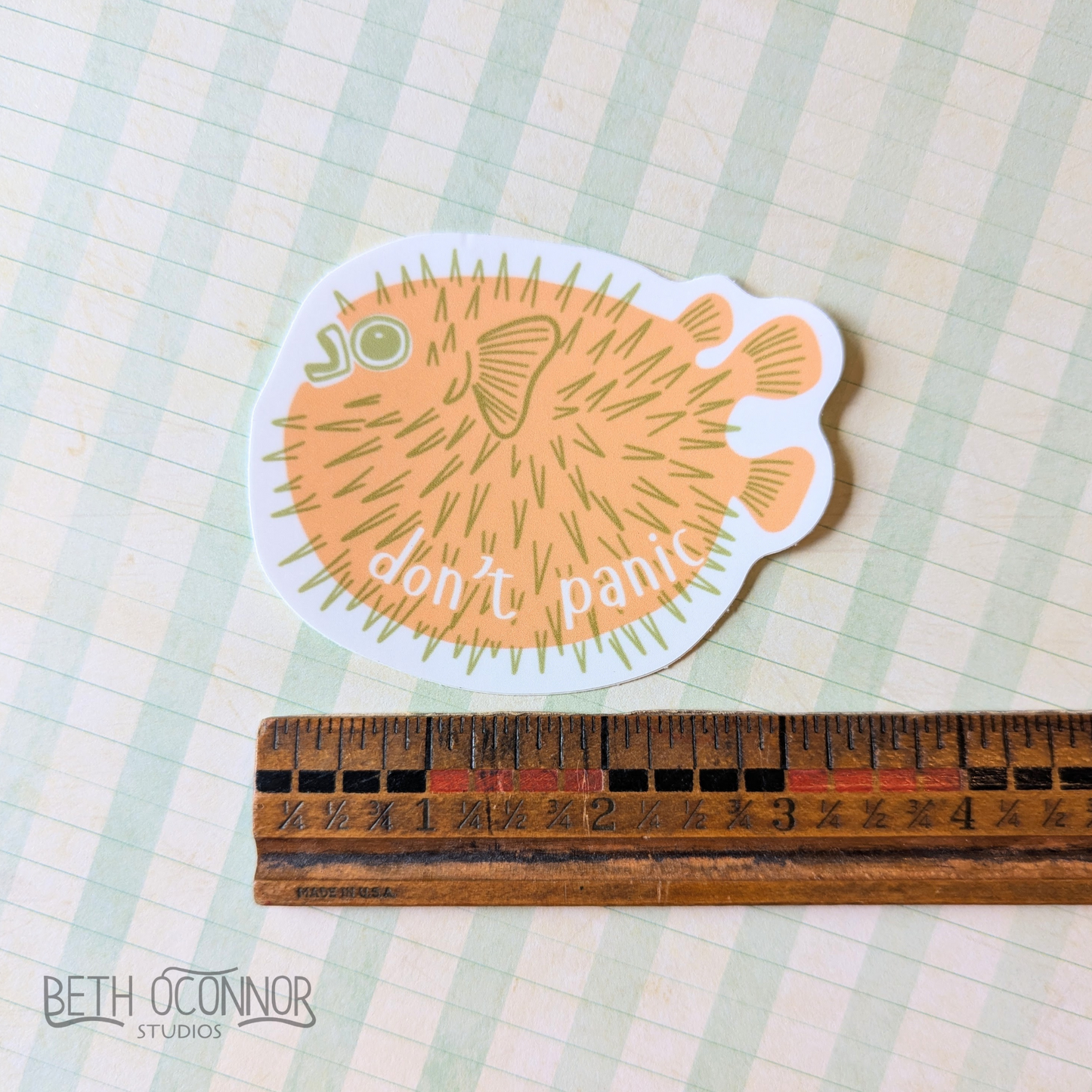 Don’t Panic Pufferfish Vinyl Sticker – Weatherproof Cute Ocean-Inspired 3" Decal for Water Bottles, Laptops, and Journals